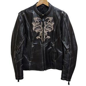 Milwaukee Black Leather Embroidered Moto Jacket Womens M Beige Biker Conceal Zip
